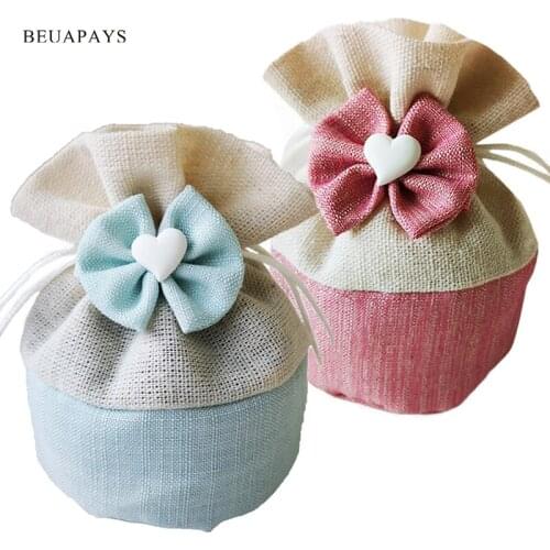 12pcs Love Candy Box Baby Shower Wedding Christmas Party Favors Gift Bag Round Bottom Bundle Pocket Drawcord Polyester Bow Deco