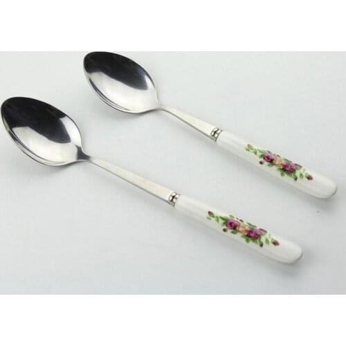 Scoops Sale at Breakdown Price 5 Pcs Practical Kitchen Utensil Soup Spoons Rose Ceramic Handle Stainless Steel Spoon Set