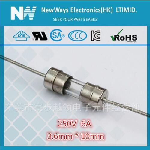 50PCS/Lot 6A Glass fast Fuse 3.6*10mm 6A 250V with lead wire Fuse