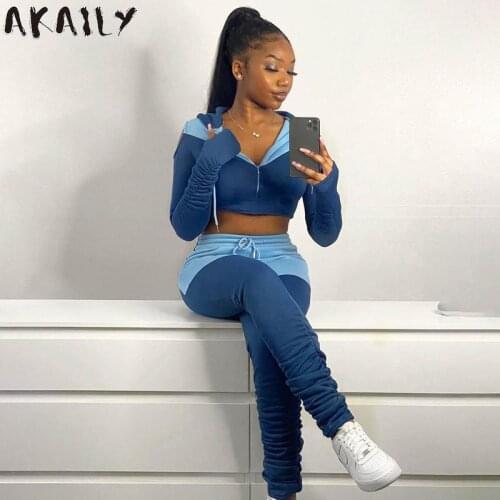 Akaily Autumn Patchwork 2 Two Piece Sets Women Casual Outfits 2021 Zipper Hollow Out Hooded Crop Top Side Ruched Long Pants Sets