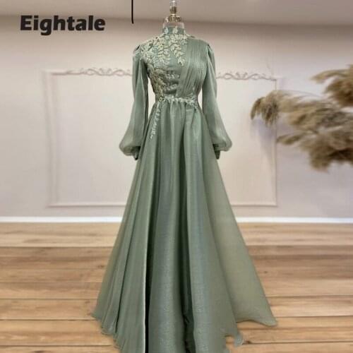 Eightale Arabic Evening Dresses High Neck Appliques Flowers A-Line Long Sleeves Long Musilim Prom Gown Celebrity Party Dress