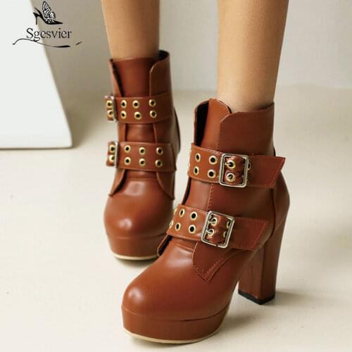 Sgesvier Round Hole Belt-Breasted Autumn Winter Chelsea Boots Chunky High Heel Platform Ankle Boots Womens Casual Short Boots