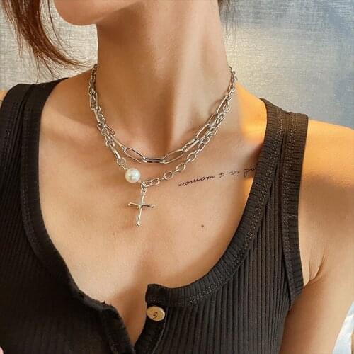 Womens Neck Chain Double Layer Cross Chains Pearl Necklace Vintage Fashion Accessories Hip Hop Gothic Women Jewelry Necklaces