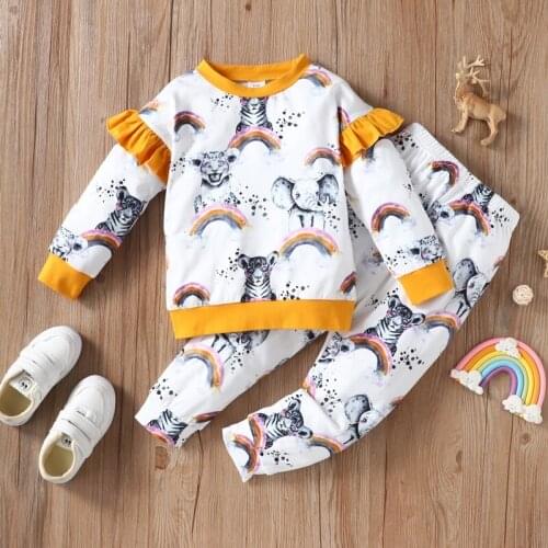 Kids Clothes Spring Fall Baby Girl Clothes Baby Boy Clothes 2 Pcs Sets Animal Ruffles Long Sleeve Tops+Pants Baby Clothes 1-6Y