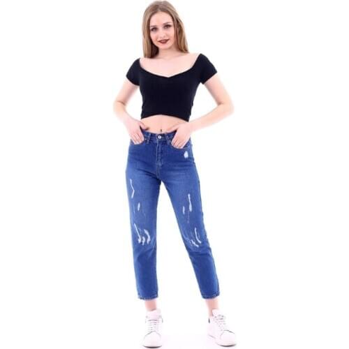 Womens Ripped High Waist Boyfriend Blue Jeans 2021 New Season Young Style Casual Four Pockets Fashion High Quality Flexible