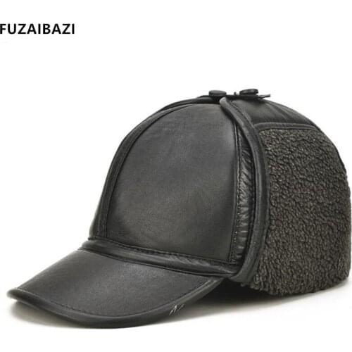 FUZAIBAZI Ffashion Genuine Leather Lei Feng Cap Mens New Winter Keep Warm Thicken Ear Protection Sheepskin Trend Bomber Caps