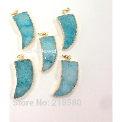 H-DP114 Blue Crystal Druzy Horn Tusk Pendant Charm Dipped in Gold