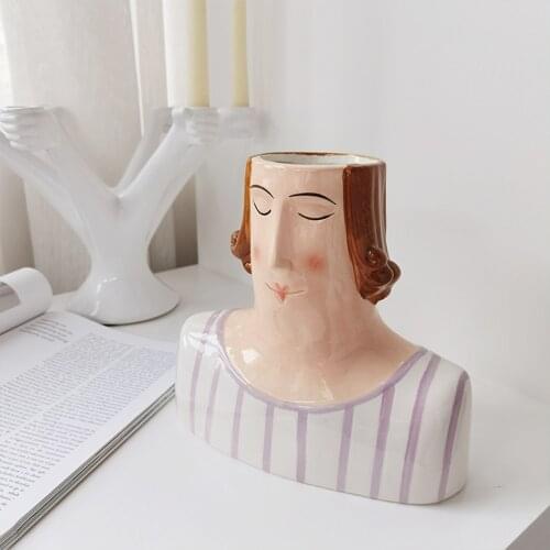 Home Statue Flower Pot Plant Bonsai Garden Portrait Sculpture Ornament Handmade Desktop Decor Resin Flower Arrangement Container