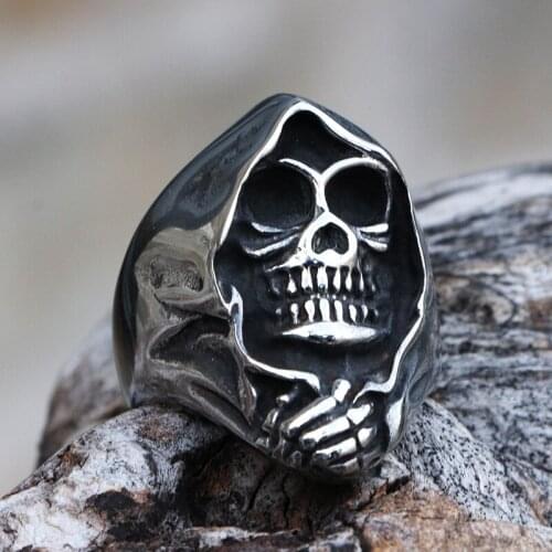 Gothic Grim Reaper Skull Rings Men Stainless Steel Punk Biker Skull Ring Male Fashion Charm Jewelry Best Gift For Friend