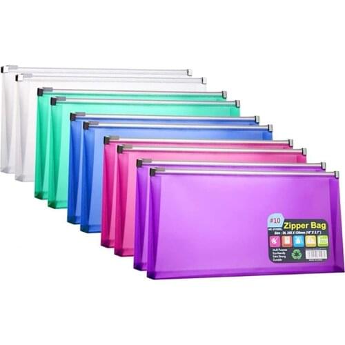 10Pcs/Set 5 x 10 Inches Assorted Colors Clear Poly Zipper Plastic Envelopes Folder for Money Receipts Coupons Bills