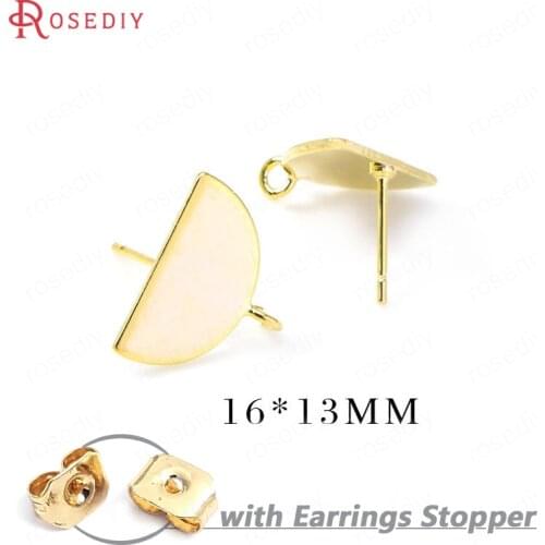 6PCS 16*13MM 24K Gold Color Brass with Hanging Hole Half Round Shape Stud Earrings Pins High Quality Diy Jewelry Findings