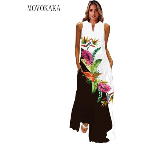 MOVOKAKA Leaf Print Black White Dress 2021 Casual Elegant Long Dresses Summer Woman Sleeveless Girls Beach Dress Women Plus Size