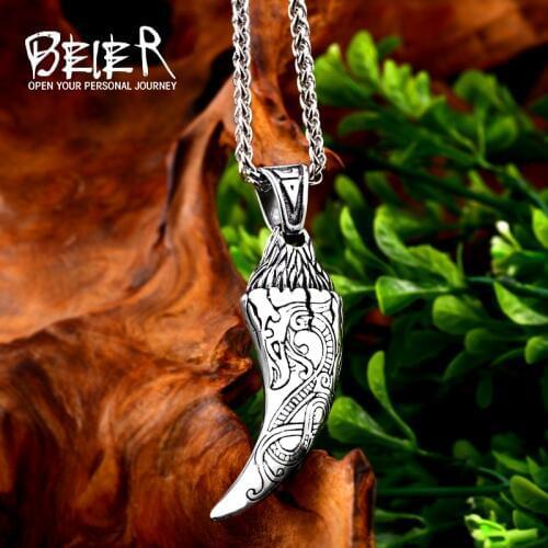 Beier 316L stainless steel Scandinavian amulet Norse Viking drgon men Pendant Necklace Classic animal wolf teeth Fashion jewelry