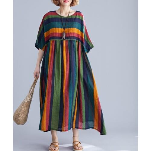 Versear Vintage Women Cotton Linen Dress Autumn Winter Print Casual Half Sleeve Retro Maxi Robe Striped Print Plus Size Dress