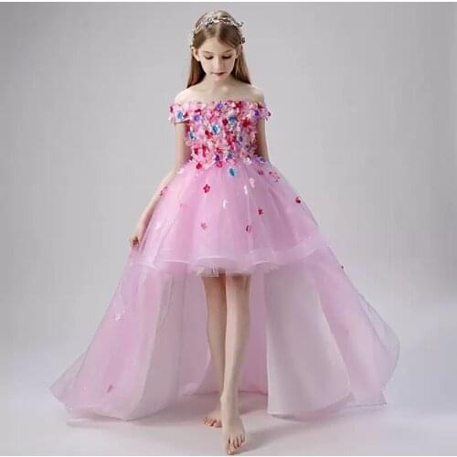 Flower Girl Dresses Short Appliques Pearls Off The Shoulder Boat-Neck Princess Knee-Length Lace Luxury Pink Kids Party Gown H493
