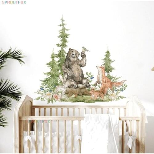 Nordic Cartoon Bear Fox Wall Sticker Treen Green Forest Animal Wall Decals for Children Room Boys Home Decoration Living Room