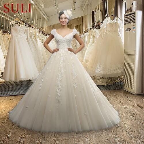 SL-044 Cap Sleeve Lace Appliques V-neck Wedding Dress