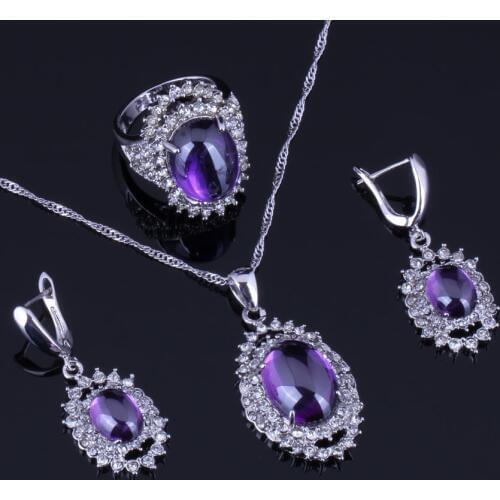 Shining Huge Oval Purple Cubic Zirconia White CZ Silver Plated Jewelry Sets Earrings Pendant Chain Ring V0266