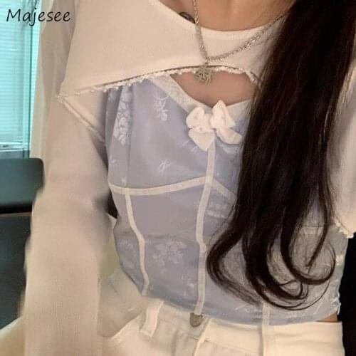Women Sets 2 Pieces Long Sleeve Tops Patchwork Bow Camisole All-match Slim Cute Sexy Summer Korean Style Harajuku Hot New Trendy