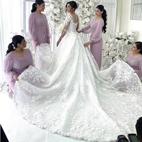 Gorgeous Ball Gown Wedding Dress Illusion Long Sleeves Handmade 3D Flowers Luxury Bridal Gown