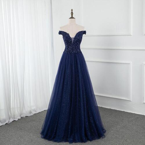 YQLNNE Navy Blue Long Prom Dresses Off the Shoulder Appliques Beads Sexy Party Dress Glitter Tulle Lace-up Back Evening Gown
