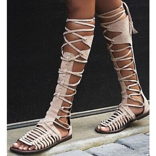Hot Selling High Quality Grey Suede Leather Lace-up Gladiator Sandals Boots for Women Fashion Flat Summer Dress shoes woman Free