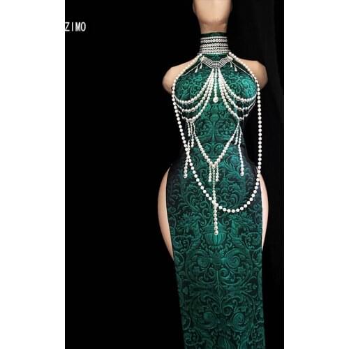 Chinese Style Cheongsam Chain Beaded Hanfu Women Pearl Folk Dance Costume Sleeveless Long Dress Gown Stage Performance Costume