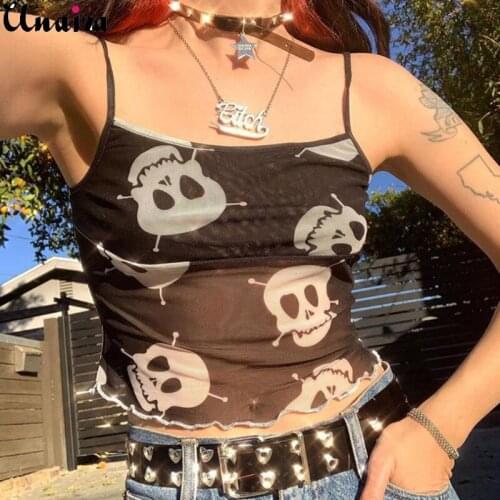 Unaiza 2021 Women New Vest Spring And Summer Women Fashion One-Word Neck Sexy Slim Slimming Navel Mesh Printing Bottoming Vest