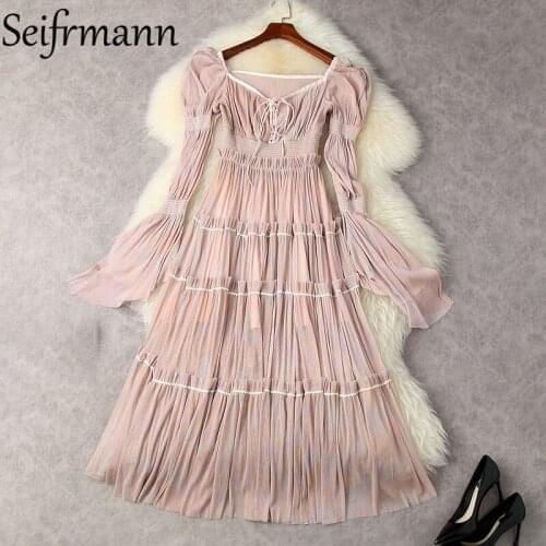 Seifrmann New 2021 Summer Women Fashion Designer Mesh Midi Dress Flare Sleeve Bow High Waist Print Party A-Line Dresses Vestidos