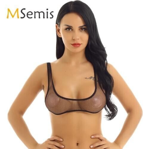 Womens Lingerie See Through Fishnet Hollow Out Wide Shoulder Straps Deep U-neckline Vest Tank Crop Top See Through Bra Top