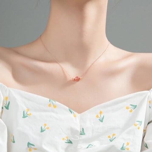 Sweet Candy Strawberry Crystal Rose Gold Color 925 Sterling Silver Clavicle Chain Necklace For Women Fashion Luxury