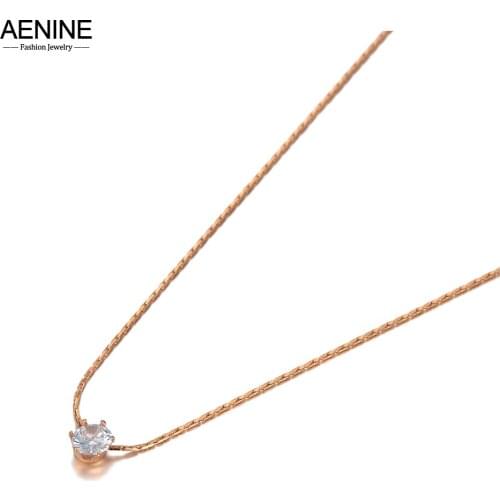 AENINE Simple Design Rose Gold CZ Crystal Charm Pendant Necklaces For Women Girl Trendy Titanium Steel Office Necklace AN20173
