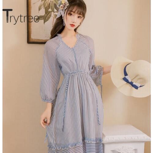 Trytree 2020 Summer Woman Casual Dress V-neck Lantern Sleeve Stripe Elegant Ruffles Chiffon High Waist A-line Temperament Dress