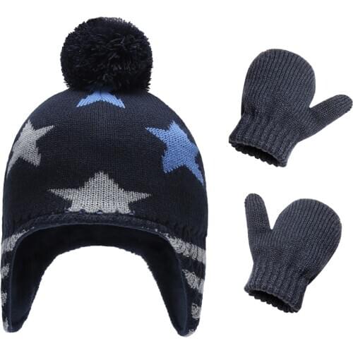 Winter Hat Gloves Set Boy Earflap Knit Beanie With Pompom Warm Fleece Autumn Stars Skiing Outdoor Accessory Toddler Baby