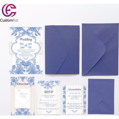30pcs/lot personalized pocket kit blue pattern pocket envelop+matching envelop+card+RSVP free shipping PKEE009V103