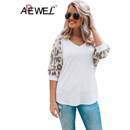 ADEWEL Harajuku Gray Leopard Sleeve Plus Size V Neck Top Mujer Camisetas Oversized Women T Shirt Vetement Femme Clothes 2XL