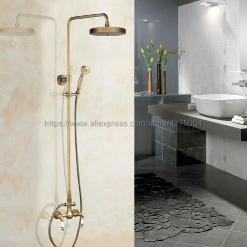 Antique Brass Shower Faucet Set 7.7 Inch Shower Head Hand Shower Sprayer W/ Hand Shower Wall Mounted Mixer Tap Nan104