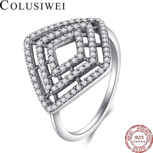 Colusiwei Glittering CZ Vintage Geometric Square Ring for Women 925 Sterling Silver Wedding Engagement Party Ring Jewelry Gift