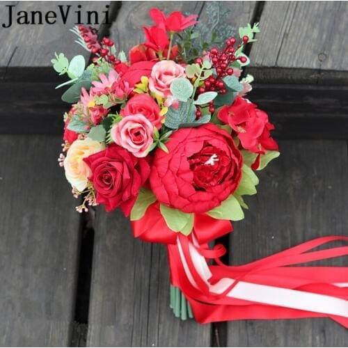JaneVini Red Peony Rose Wedding Bride Bouquet Western Bridal Bouquet Artificial Eucalyptus Bridesmaid Flowers Brooch Accessories