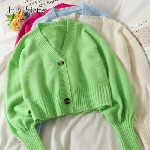 JulyPalette Knitted Sweater Women 2021 Autumn Short Buttons Knitted Cardigan Casual Female Slim Long Sleeve Knitted Tops Solid