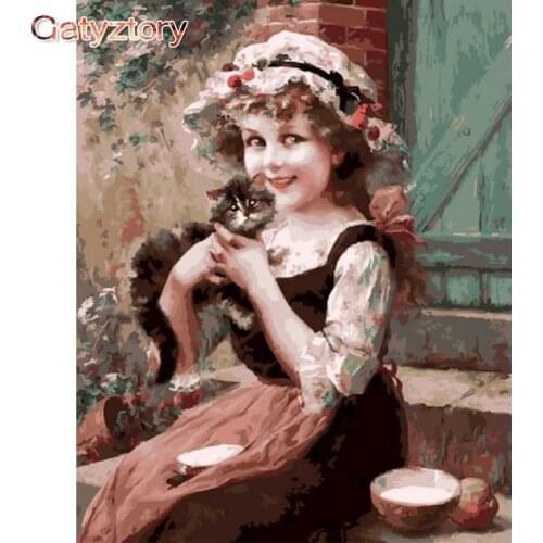 GATYZTORY Coloring By Numbers Girl and cat DIY Unframe Handmade Gift Paint By Number On Canvas Kits Portrait Wall Art Acrylic Pa