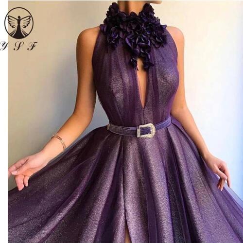 Classic Design Dark Purple High Collar 3D Flowers Sleeveless Sashes High Slit Prom Dresses 2019