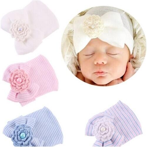 Crochet Cute Newborn Cap Baby Girls Boys Infant Girl Toddler Comfy Bowknot Hospital Cap Striped Beanie Hat 0-3M