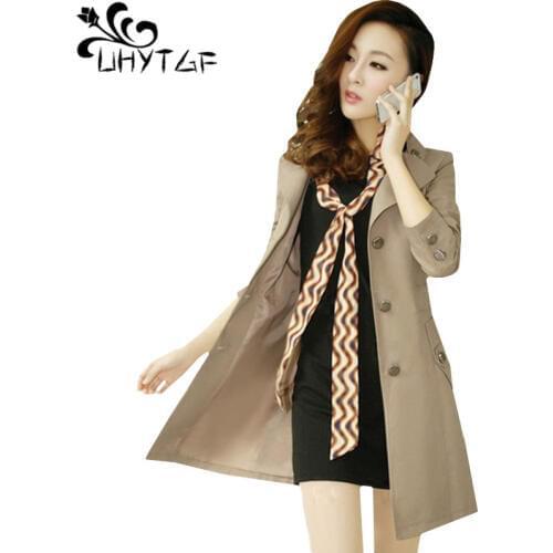UHYTGF Spring Autumn Jacket Womens Fashion Medium length Slim Female Windbreaker outerwear Standing collar Plus size jacket 168