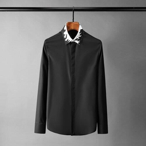 Minglu Flame Embroidered Mens Shirts Luxury Long Sleeve Black White Casual Man Shirts Plus Size 4xl Slim Fit Party Male Shirts