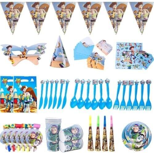 Disney Toy Story Theme Supplies Set Cups Plates Tableware Paper Straws Tablecloth Disposable Tableware Birthday Party Decorate