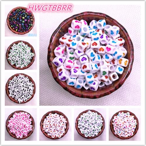 New 100pcs 6X6/7x4mm Spaced Acrylic Round Beads Love Heart Shape Beads for Jewelry Making DIY Charms Handmade Bracelet