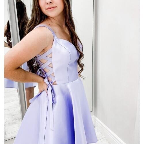 Sexy Short A-Line Satin Homecoming Dresses with Pockets Knee Length Criss Cross Back Lilac Graduation Dresses for Juniors