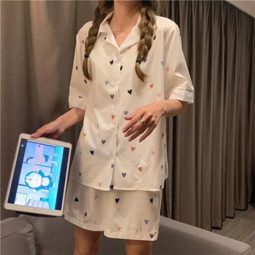 Ins pajamas women summer Artificial silk short-sleeve shorts Love heart print large-size summer student Sleepwear home clothing