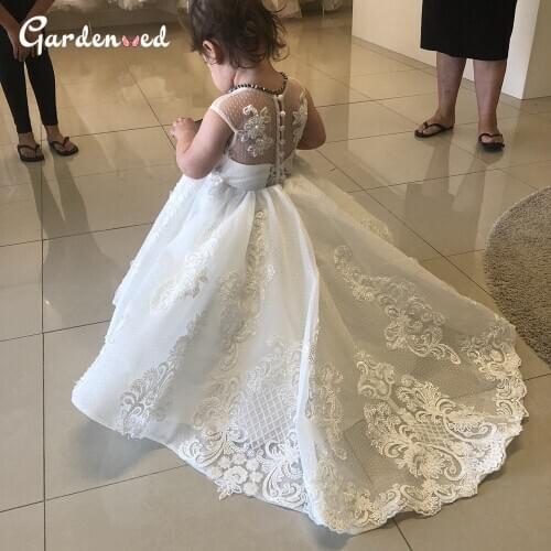 Luxury Lace Flower Girl Dress Illusion Button Back Girl Birthday Dress Ivory First Communion Dresses robe de princesse fille